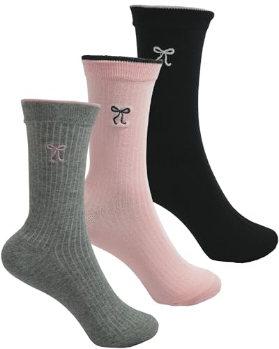 Womens Mid Tube Socks 3 Pairs Cute Embroidered Breathable Crew Socks, One Size Fits Most (US 5-9), Casual & Workout