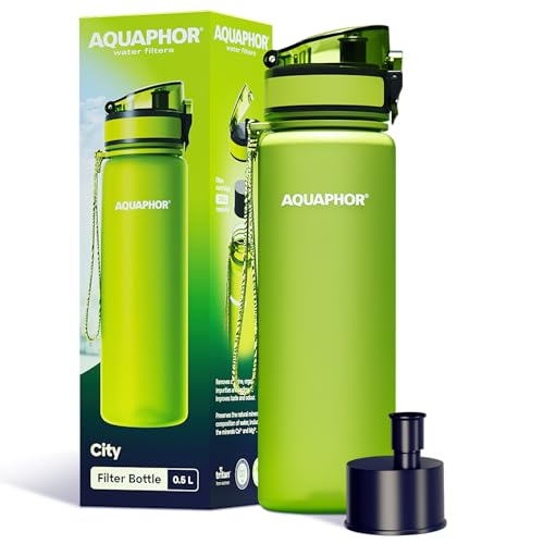 AQUAPHOR City Bottle 500ml verde I botella filtrante para llevar I filtro con carbono activo I filtra cloro y contaminaciones I hecho de tritan libre de BPA I para un mejor sabor y olor del agua