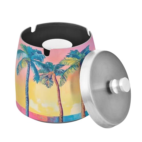 Ewusp Cenicero de palmera para interiores y exteriores, resistente al viento, a prueba de olores, cenicero de acero inoxidable con tapa, cenicero de escritorio para fumar, cenicero de cigarrillos para