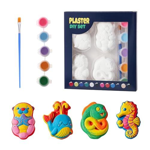 GloomGlo 4Pcs Sea Animal Plaster Painting Kit for Kids - DIY Coloring Craft Kit with Unpainted Figurines (Whale/Sea Otter/Seahorse/EEL) | Kid-Safe All-in-One Art Toy for Creative Play (Animal 1)