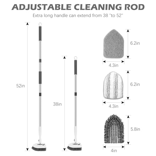 Image of SetSail Floor Scrub Brush, 3-in-1 Tile Tub Floor Scrubber with 52-inch Adjustable Long Handle Shower Cleaner Brush and 3 Detachable Replacement Brush Heads for Cleaning Bathroom Tub Tile, White Grey