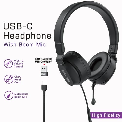 Image of Maxell USB-C Wired Headphones, Detachable Boom Mic, Reversible | Detachable boom mic for calls, removable for music-only use - reversible USB-C plug, ideal for classrooms