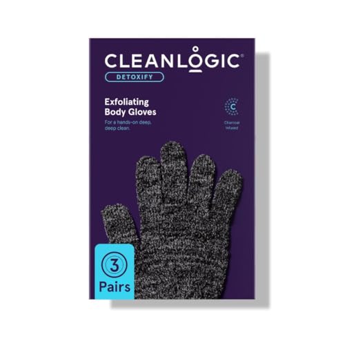 Cleanlogic Detoxify Charcoal Infused Exfoliating Glove, Stretchy Bath & Shower Gloves, Reusable Exfoliator Tool for Smooth & Softer Skin, 3 Pairs, 6 Count Value Pack