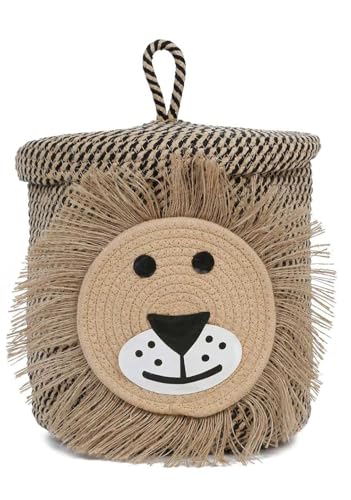 Image of Jute Basket For Storage Cotton Rope Toys Basket With Lid Handwoven Natural Foldable Laundry Hamper for Home, Office, Living Room Size 10x10 inch (LION -BASKET)