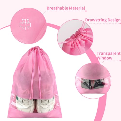 image for COIDEA Pink Travel Shoe Bags - 5 Pcs Non-Woven Drawstring Packing Bags