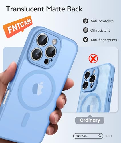 Image of FNTCASE for iPhone 16 Pro Max Case: [Compatible with Magsafe] Translucent Matte Cases with [Full Camera Protection] [Screen Protector] Military Grade Shockproof Protective Phone Cover - Light Blue