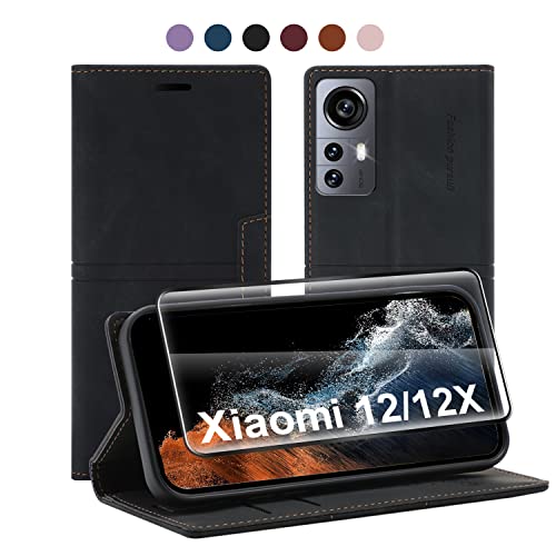 13peas Leder Hülle für Xiaomi 12/12X Handyhülle(2021),PU Wallet Ständer Case mit Panzerglas Schutzfolie Brieftasche Kartenfach, Flip Cover Geschäft Klappbar Stoßfeste Etui (Schwarz) Cover