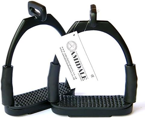 AMIDALE STIRRUPS OFFSET EYE FLEXI SAFETY STIRRUPS OPTIMUM LEG POSITION HORSE RIDING IRONS STAINLESS STEEL 4.75" BLACK