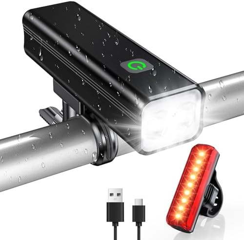 WOCBUY Bike Lights, 1200 Lumen USB Rechargeable LED Bike Light Set, Super Bright Bicycle Lights Front & Back Tail Light, Aluminum Alloy Cycling Bike Flashlight Torch, 5 Light Modes, IPX5 Waterproof