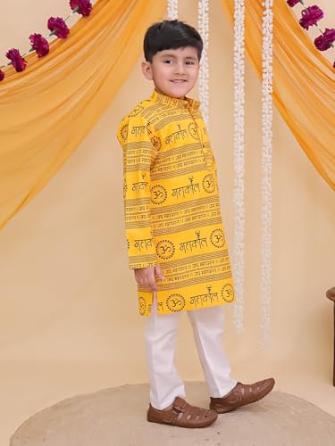 Image of AJ DEZINES Boys Cotton Full Sleeve Letter Printed Kurta Pajama Set for Kids - Ethnic wear | Special Occasion & Traditional Outfit |Boys Kurta Set - Regular Fit