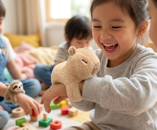 Image of Cute Animal Plush Slap Bracelets - Soft Stuffed Koala & Capybara Hugging Wristbands, Wearable Toy for Kids, Birthday Party Favors, Stocking Stuffers, and Gift for Girls & Boys (Beige)