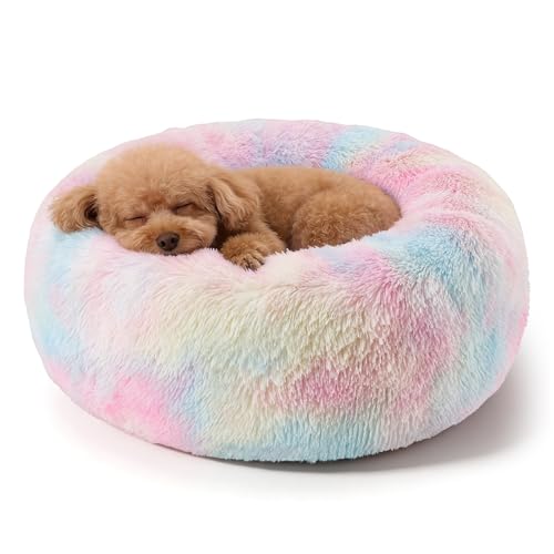 Image of Dog Calming Beds for Small Medium Dogs Donut Round Washable Anxiety Dog Bed | Anti-Slip Faux Fur Fluffy Cuddle Anxiety Pet Bed Up to 30 Lbs(24 inch Colorful)