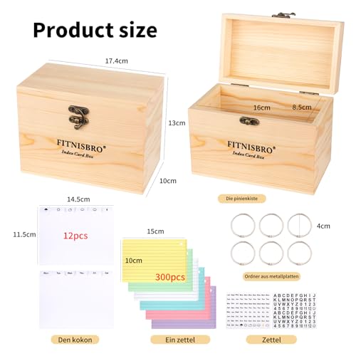 Karteikarten Box A6, 17.5 x 10 x 13cm Pinienholz KarteikartenBox, 300 linierte Notizblätter im Lieferumfang enthalten, 12 Register 6 Ringen 2 Aufkleber,für Vokabeln, Lernnotizen, Rezepte ﻿ ﻿