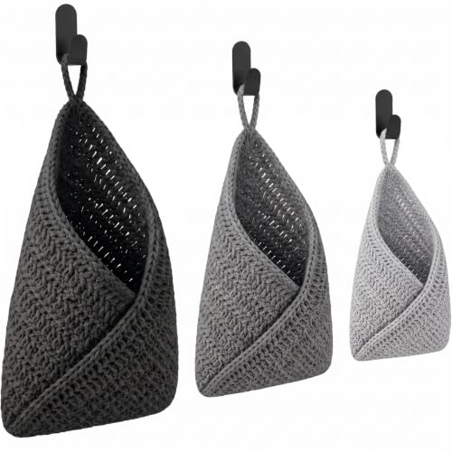 Image of Honeydak 3 Hanging Baskets, Grey, White, Dark Grey, Triangle, Cotton Rope
