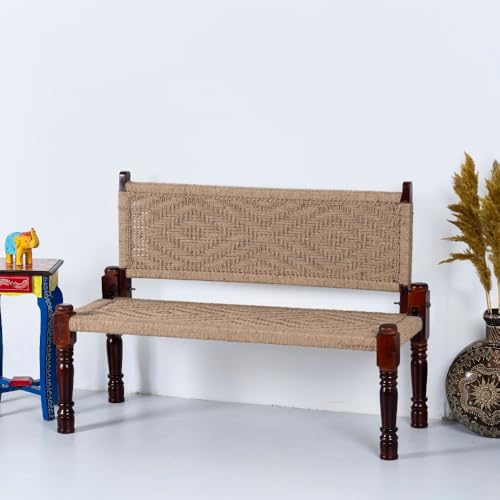 Image of Srima Wooden Bench for Living Room | Handcrafted Sheesham Wood Backrest Bench for Balcony & Garden | Traditional Rajasthani Patio for Outdoor with Jute Handwoven Rope | Jute