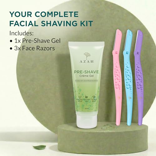 Image of Azah Facial Hair Removal Combo | Instant & Painless Facial Hair Removal Combo | Pack of 1 Pre-Shave Gel & 3 Face Razor | Skin-Safe Razors | For Eyebrows, Upper Lips, Chin & Sideburns | All Skin Types