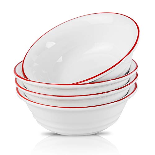 Joyroom Porcelain Cereal Bowl Set 18 oz Soup Bowls Ceramic Bowls As Kitchen Bowls for Oatmeal Noodle Fruit Microwave Safe Bowls Circle Collection Set of 4 White with Red Band