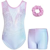 Gogokids Ärmelloses Gymnastiktrikot-Set für Mädchen, dreiteilig mit Shorts und Haargummi, Kinder Gymnastik Outfits mit Aushöhlen & überkreuztem Design, Glitzer Ballett-Einteiler für Alter 3-12