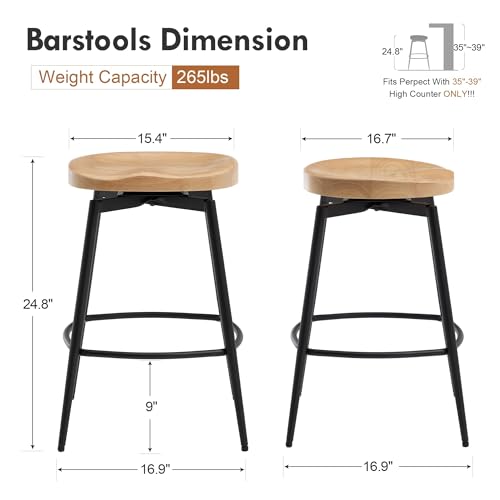 Image of 25 inch Swivel Backless Saddle Bar Stools Set of 4, Unstained Raw Wood | Solid Wood Saddle Seat with Metal Legs, Footrests and Non-Marking Feet for Kitchen Island