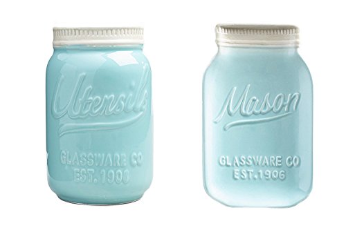 Mason Jar Ceramic Set Utensil Crock and Spoon Rest Blue