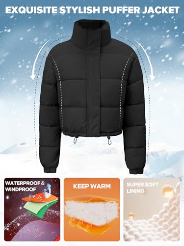 Women's Cropped Puffer Jacket Long Sleeve Puffy Coat Stand Collar Zip UP Quilted Padded Drawstring Outwear with Pockets2