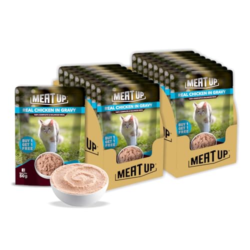 Image of Meat Up Adult Cat Wet Food 16 Pouches x 50g, Total 800g | Real Chicken in Gravy | Supports Heart & Vision Health | Healthy Skin & Coat | Natural Flavours | Organic Minerals & Vitamins