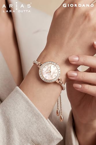 Image of Giordano Arias Lara Dutta Signature Collection Analog Quartz Watch for Women with Mother-of-Pearl Dial, Baguette-Cut Crystal Studded Bezel and Adjustable Chain Bracelet Strap