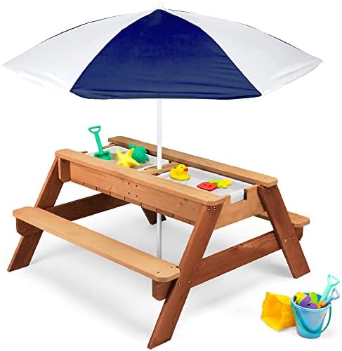 Best Choice Products Kids 3-in-1 Sand & Water Activity Table, Wood Outdoor Convertible Picnic Table w/Umbrella, 2 Play Boxes, Removable Top - Navy