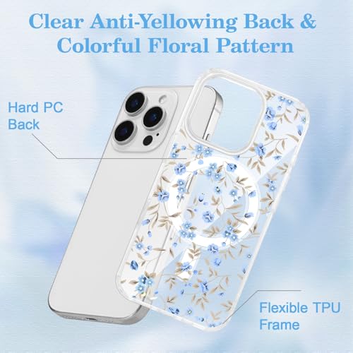 Coque iPhone 14 Pro Max antichoc transparente MagSafe fleur bleue