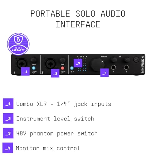 Image of Arturia - MiniFuse 4 - Compact USB Audio & MIDI Interface with Creative Software for Recording, Production, Podcasting, Guitar - Black | 2 Xlr and Trs Preamps with 48V Plus 2 Line Inputs, Includes Analog Lab Intro and Ableton Live Lite
