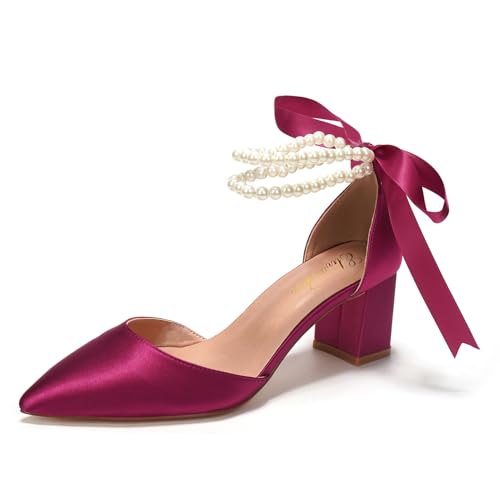 Elivandon J1585 Women's Satin Pointed Toe Mid-Heel Evening Sandals 2.36 inches Block Heel Bridal Party Wedding Pumps with Double Pearl Strap Colour Violet Red,Size 9.5 B(M) US/41 EU
