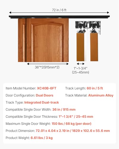 Image of VEVOR Bypass Sliding Door Hardware Kit, 6 ft Aluminum Alloy Dual-Track Bypass Door Hardware, Smooth and Quiet Sliding, Easy to Install, for 1 inch to 1 3 /4 inch Thickness 36 inch Width 2 Door System, for Closet