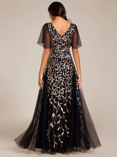 Image of Ever-Pretty Women's Sequin Formal Dresses Evening Gown Sparkly V-Neck Short Sleeve Floor Length Mother of The Bride Dress 736