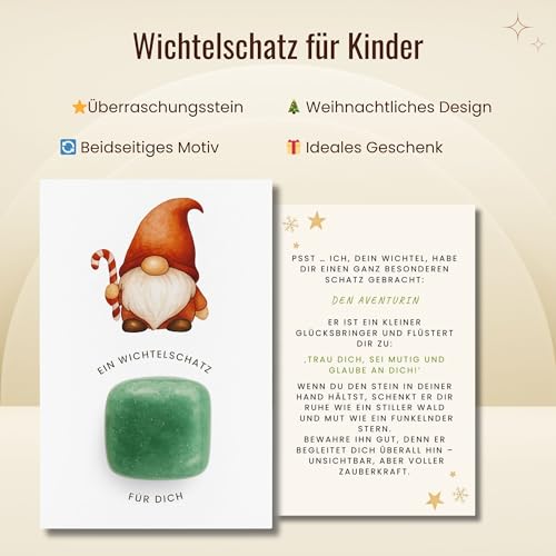 Milaboo® Wichtelschatz als Geschenk und Wichtel Zubehör Weihnachten – Magischer Glücksstein für Kinder, handverlesener Stein (2-3 cm) mit Karte (Wichtel Aventurine)