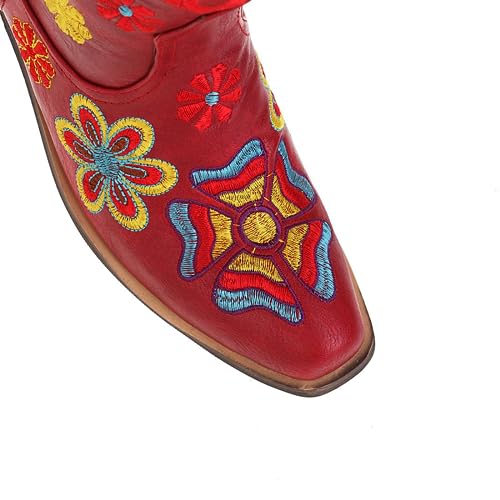 SACFOF Women Flower Embroidered Ankle Cowgirl Boots Square Toe Western Boots Chunky Chunky Mid Heel Short Boots4