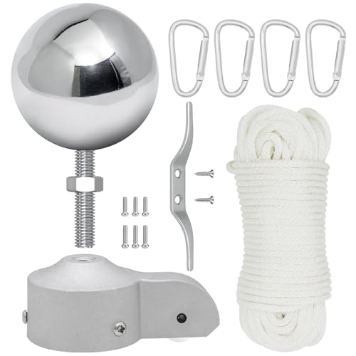 CQ Garden Flag Pole Pulley and Rope kit for 2 to 2.6 Diameter Flag Poles 50FT Rope 3.5 Flag Pole Topper Cast Aluminum Flag Pole Truck Metal Snap Clips and Cleat(Silver)
