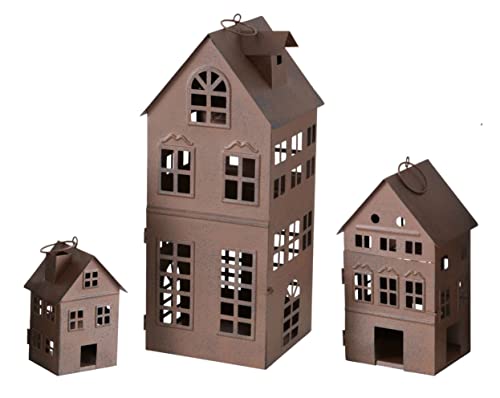 Spetebo Firenza - Set di 3 lanterne da appendere o da appoggiare, 35/21/13 cm, in metallo a forma di casa, portacandele per interni ed esterni, design antico