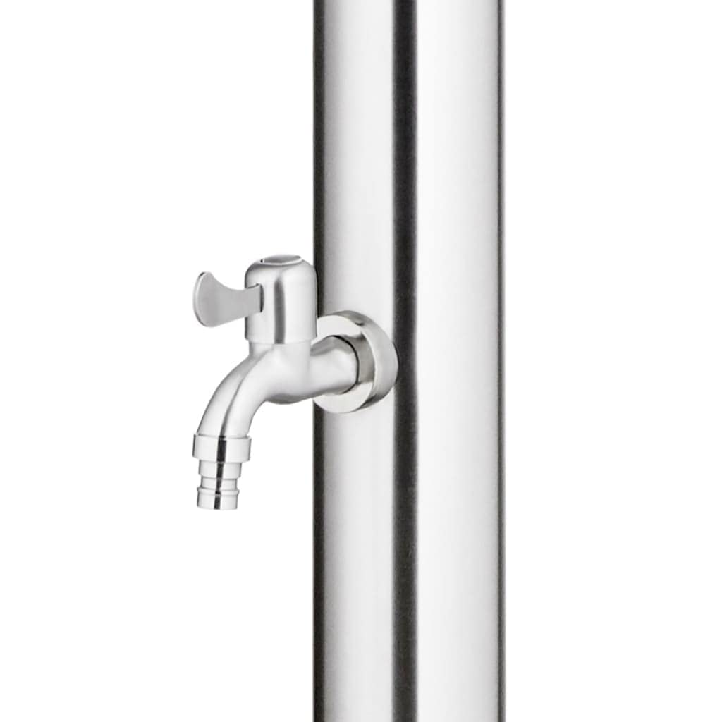 Doccia da giardino in acciaio inox con piastra di fondo marrone in WPC, altezza 220 cm, incluso rubinetto per il piede, adatta per piscine, idromassaggio, terrazza, esterni, estate, wellness e