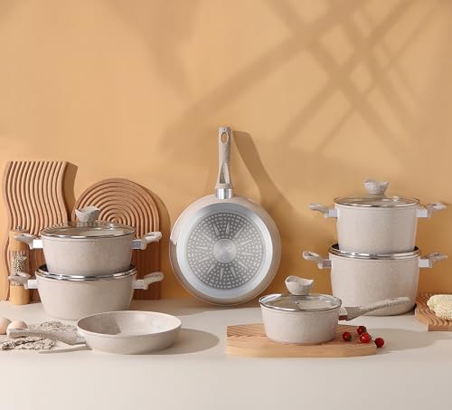 Lorren Home Trends 13-Piece Marble Coated Cookware Set, Beige, Non-Stick Pots and Pans with Glass Lids, Includes 8-12 Inch Frypans, Stock Pots, Sauce Pot, Casserole Pots - Image 5