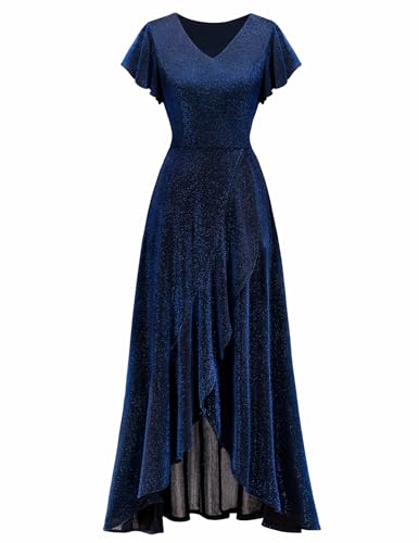 Berylove Kleid Weihnachten Damen Abendkleid Lang Hochzeitskleid Festliches Kleid Lang Partykleid Damen Glitzer Langes Kleid Cocktailkleid Damen Lang Ballkleid BLS0013 Navy L
