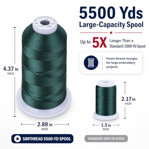 Image of Simthread 5000M 40WT Polyester Embroidery Thread, Pine Green S040 | 5000M 40WT polyester thread feeds smoothly for machine embroidery, monograms, logos, patches and quilting.
