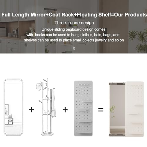 Image of KungFuWood Full Length Mirror with Shelf and Hooks,Entry Way Mirrors for Wall,Wall Mirror with Shelf,Wall Mirror with Storage Multifunctional Design Panel,Living Room (White, 52.4 inch L x 19 inch W)