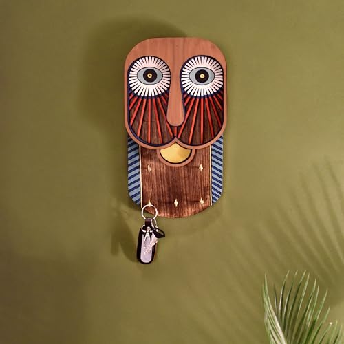 Image of AAKRITI ART CREATIONS Key Holder, Coco Tiki Mask Key Hanger | Rustic Wooden Wall Organizer with 5 Hooks | New Home Gifts | Multifunctional Entryway Decor Item