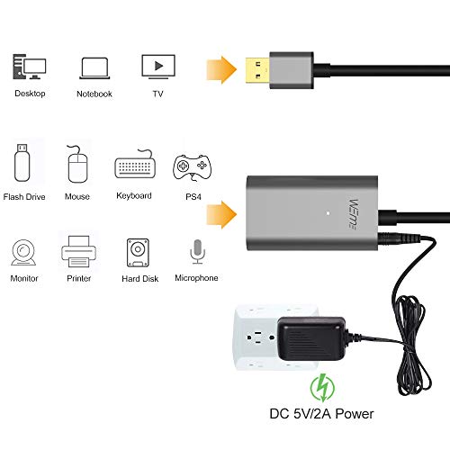 WEme USB 3.0 Active Extension Cable, 32 Feet 10 Meter USB 3.0 Extender Cord for Oculus VR, Xbox 360 Kinect, PlayStation with 5V2A Power Adapter, Aluminum