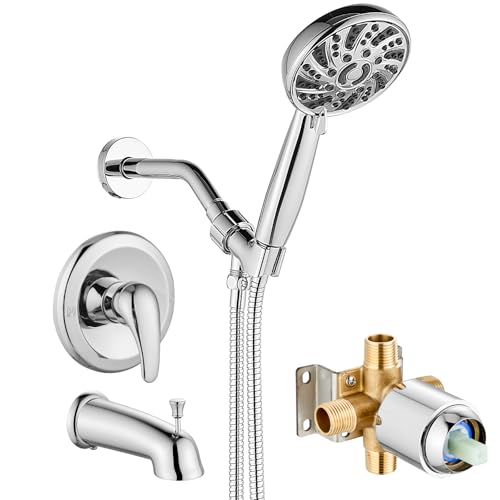 Image of gotonovo Bathroom Shower Head Kit High Pressure Combo System Shower Faucet 6 Modes ABS Handheld Spray Shower Trim Kit Valve Included Shower Head and Handle Set Polished Chrome