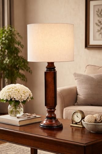 Image of tu casa Mango Wood Table Lamp with Satin Cobra Saffron Print Shade | Handmade Rustic Bedside Lamp for Bedroom, Living Room & Home Decor