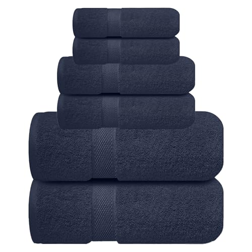 Image of Sulfar 100% Combed Cotton, 6 Pcs Towel Set - 2 Bath Towels (70 x 140 cm), 2 Hand Towels (40 x 70 cm) and 2 Washcloths (30 x 30 cm) (600 GSM, Pack of 6) Navy