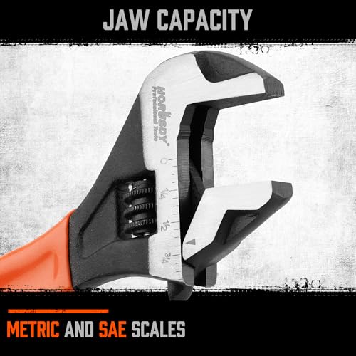 Image of HORUSDY 6 inch Adjustable Wrench Pipe Spanner: Wide Jaw Black Oxide Wrench With Cushion Grip, Laser Marked Metric & SAE Scales, CR-V Steel, for Professionals