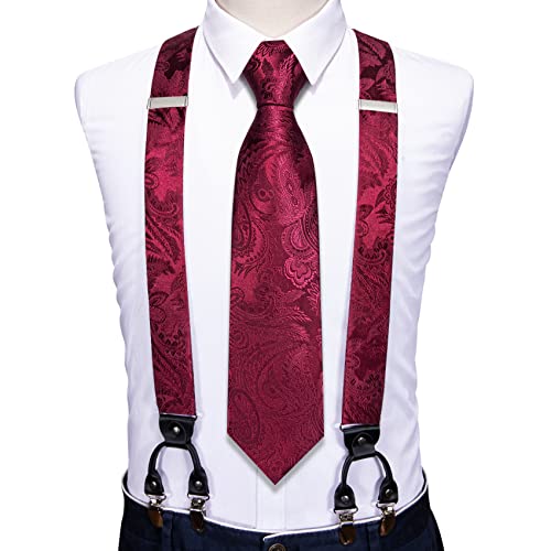 Image of Barry.Wang Men Suspender Set with Necktie Elastic Y Type Heavy Duty 6 Clips Braces Tie Handkerchief Cufflink Pin 6PCS