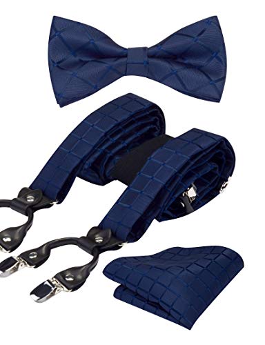 Image of GUSLESON Adjustable Plaid Floral 6 Clips Y Shape Suspenders Pre-tied Bow Tie and Pocket Square Set with Gift Box